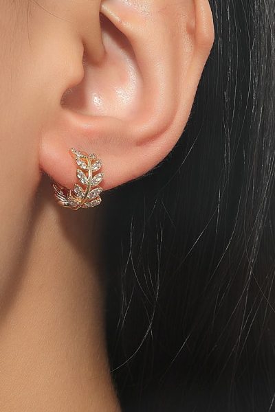 Cubic Zirconia Decor Leaf Design Earrings